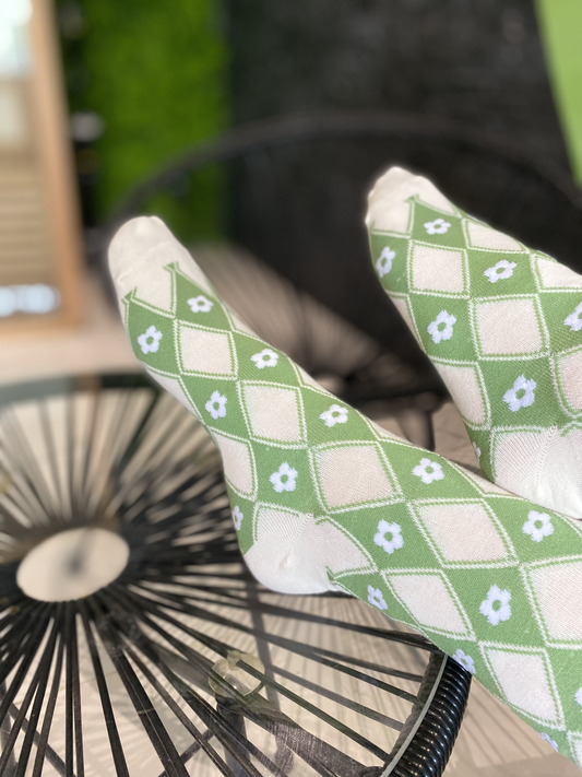 Lot de 3 chaussettes vert matcha motifs fleuris