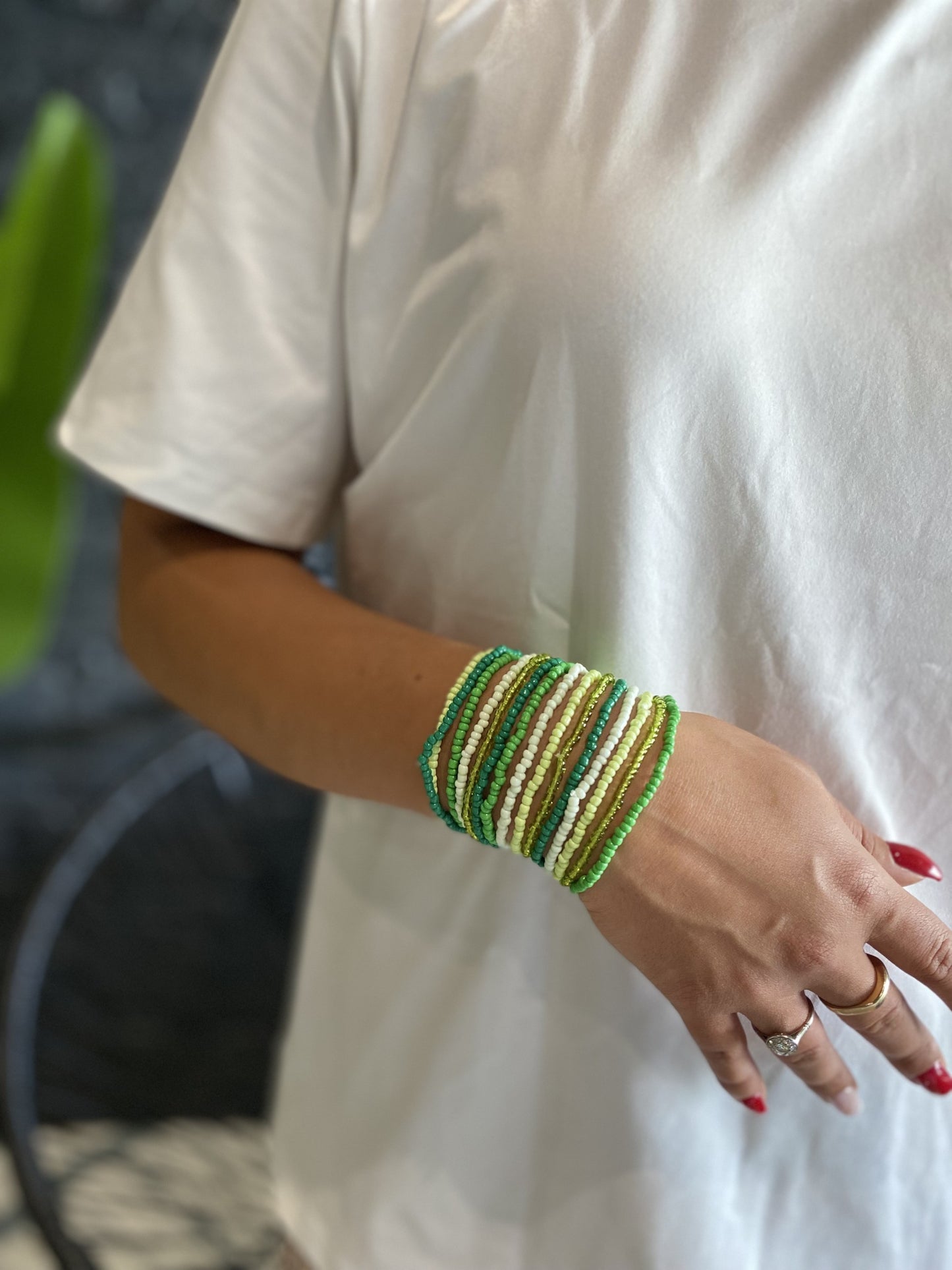 Bracelets multirangs perles – Tons de vert matcha