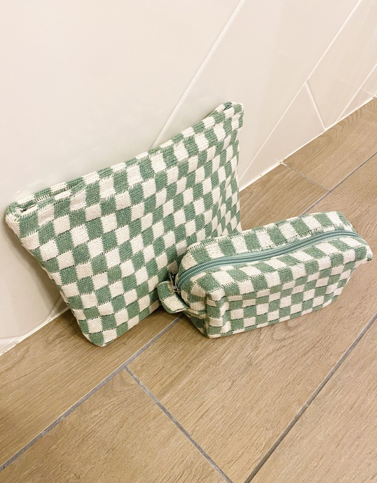 Duo de trousses damier vert – Rangement makeup & accessoires