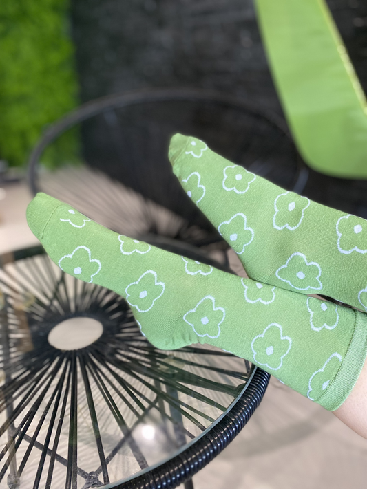 Lot de 3 chaussettes vert matcha motifs fleuris