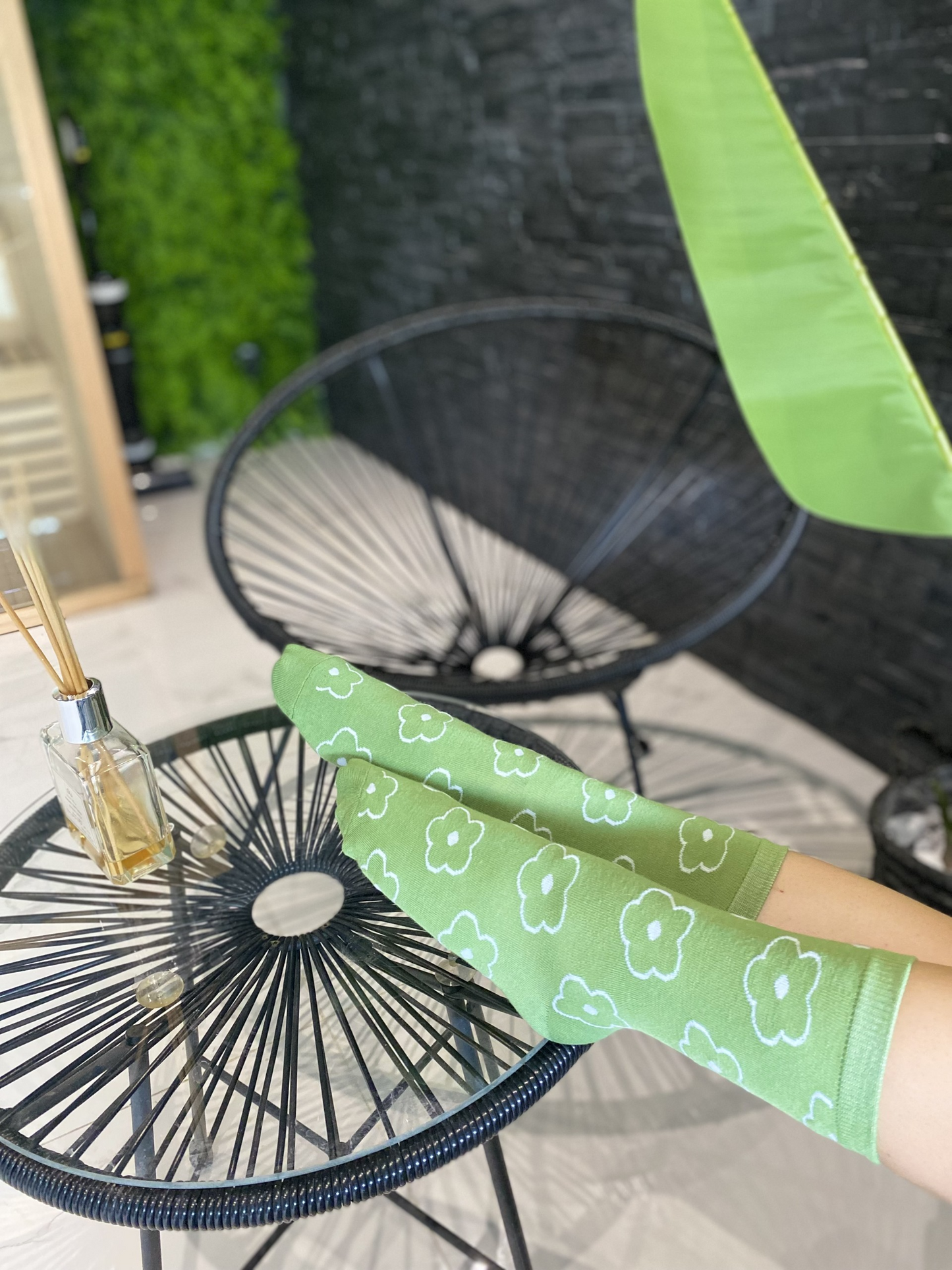 Lot de 3 chaussettes vert matcha motifs fleuris