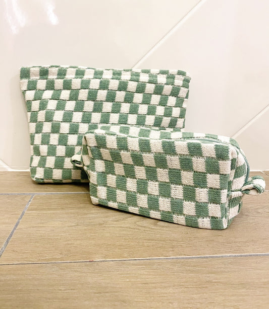 Duo de trousses damier vert – Rangement makeup & accessoires