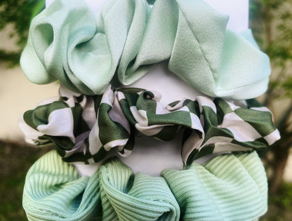Lot de 3 chouchous dépareillés – Vert Matcha – Motifs variés