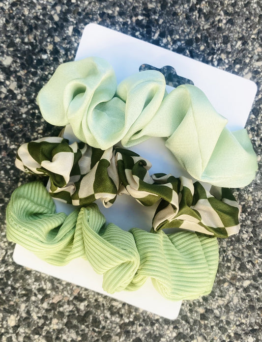 Lot de 3 chouchous dépareillés – Vert Matcha – Motifs variés