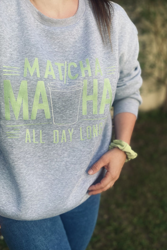 Sweat gris “Matcha All Day Long” – Unisexe, doux et comfy