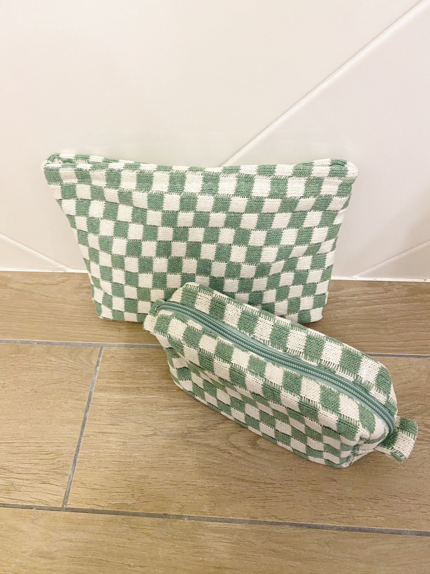 Duo de trousses damier vert – Rangement makeup & accessoires