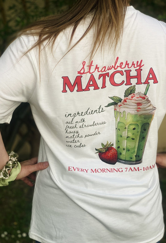 T-shirt blanc “Strawberry Matcha”  – Col rond